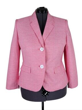 Le Suit Blazer Women Size 16P Petite Pink White Stripe Flap Pockets Lined
